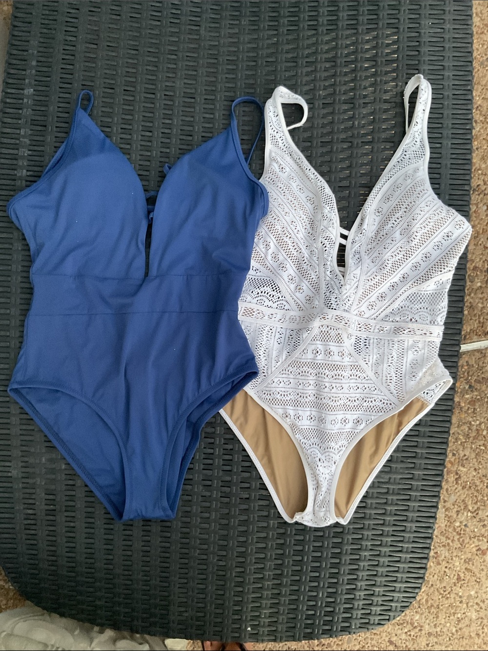 BECCA Blue and White Crochet One-Piece Swimsuits